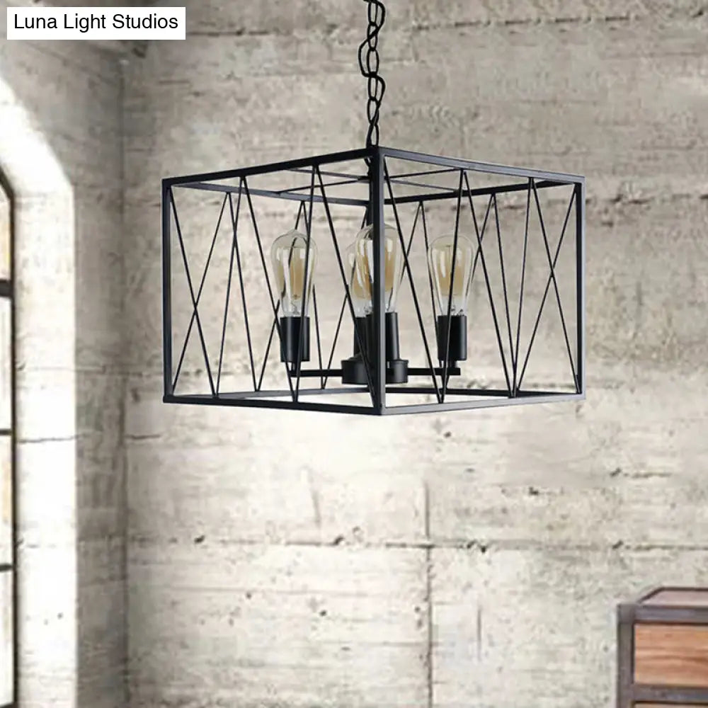 Vintage Iron Pendant Light Fixture with 4 Black Cuboid Wire Frame Heads for Dining Room