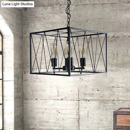 Vintage Iron Pendant Light Fixture with 4 Black Cuboid Wire Frame Heads for Dining Room