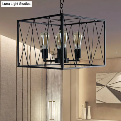 Vintage Iron Pendant Light Fixture with 4 Black Cuboid Wire Frame Heads for Dining Room