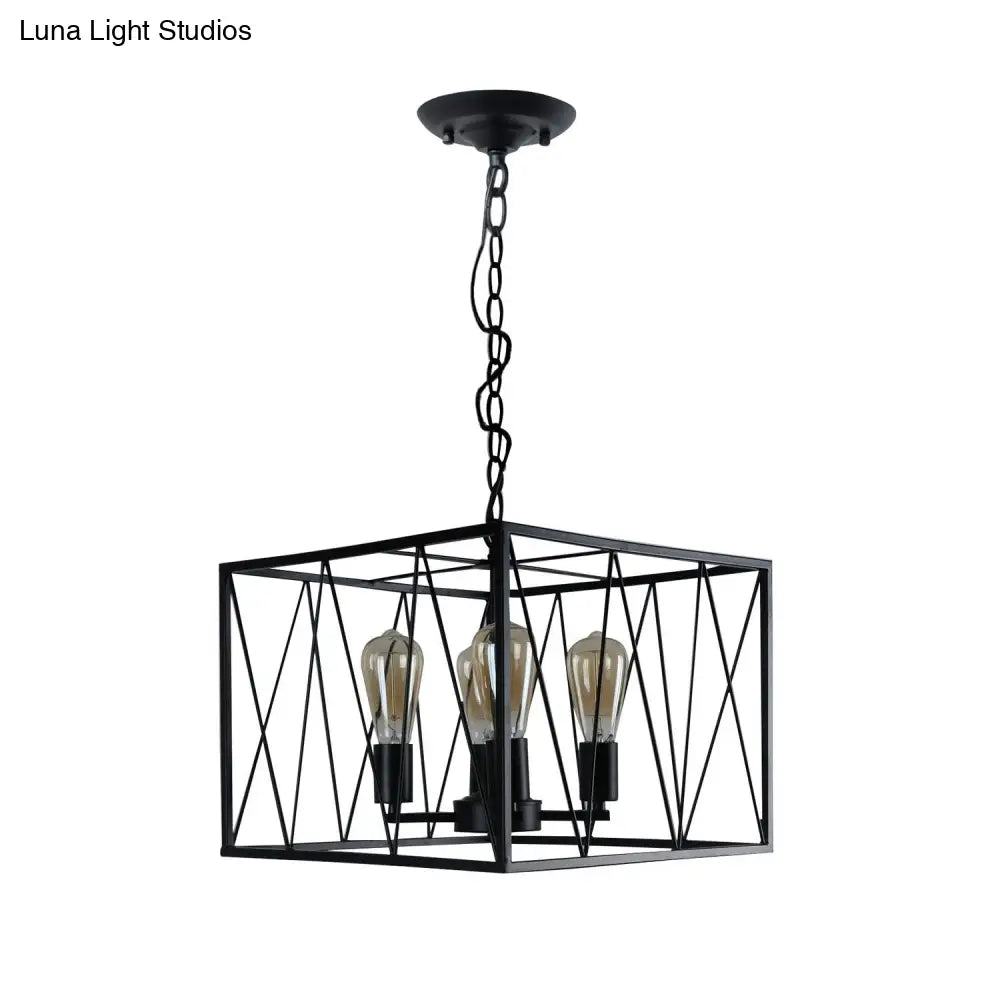 Vintage Iron Pendant Light Fixture with 4 Black Cuboid Wire Frame Heads for Dining Room