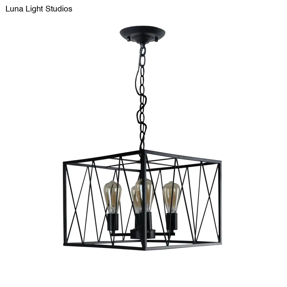 Vintage Iron Pendant Light Fixture with 4 Black Cuboid Wire Frame Heads for Dining Room