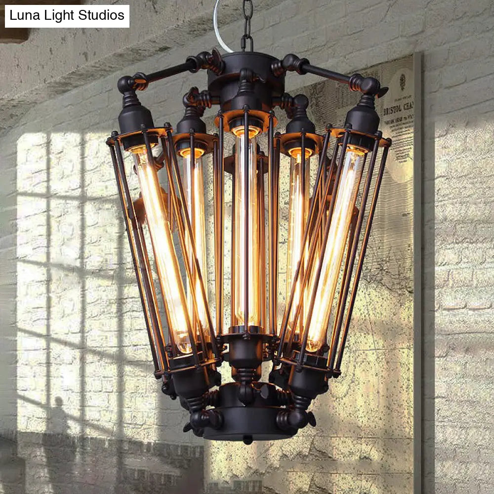 Vintage Iron Pendant Lighting - Wire Tubed Metal 8-Head Dining Room Light Fixture in Black