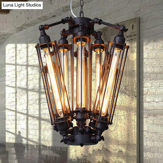 Vintage Iron Pendant Lighting - Wire Tubed Metal 8-Head Dining Room Light Fixture in Black
