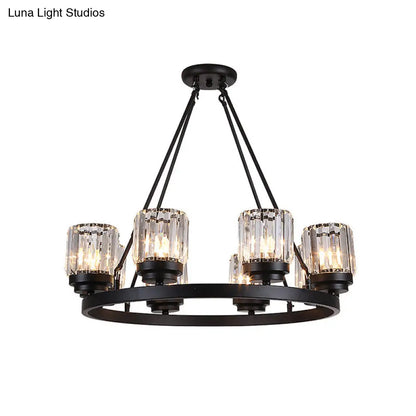Lámpara de araña vintage con forma de rueda de carro de hierro - Negra, colgante de 8 cabezas con pantalla cilíndrica de cristal - Para salón