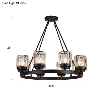 Lámpara de araña vintage con forma de rueda de carro de hierro - Negra, colgante de 8 cabezas con pantalla cilíndrica de cristal - Para salón