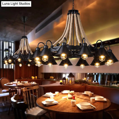 Vintage Iron Wheel Chandelier Pendant Light with Hemp Rope in Black for Restaurants