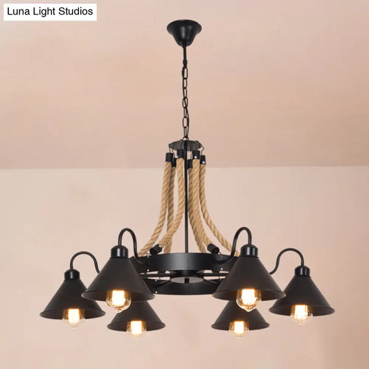 Vintage Iron Wheel Chandelier Pendant Light with Hemp Rope in Black for Restaurants