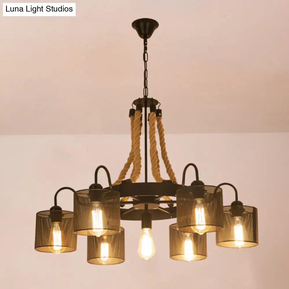 Vintage Iron Wheel Chandelier Pendant Light with Hemp Rope in Black for Restaurants