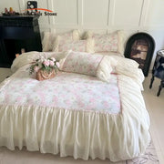 Vintage ivory and pink floral bedding set with decorbites french lace ruffles and delicate lace trim for elegant decor