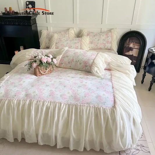 Vintage ivory and pink floral bedding set with decorbites french lace ruffles and delicate lace trim for elegant decor