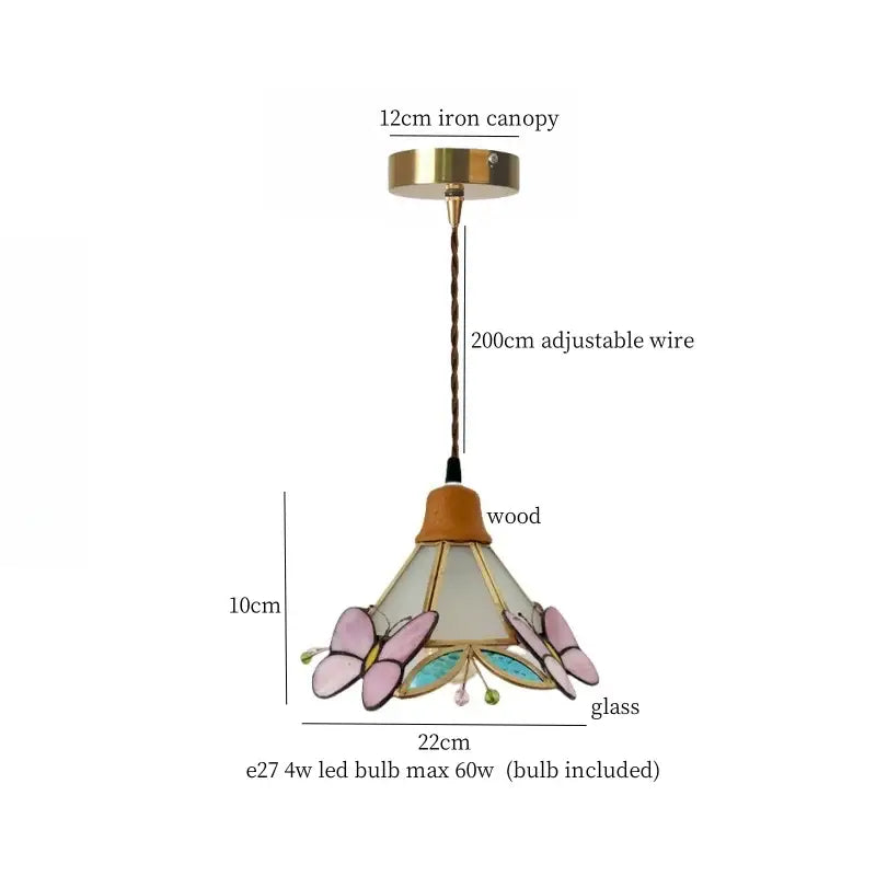 Vintage japanese beige cloth led pendant light with pink and teal butterfly stained glass and brass iron canopy