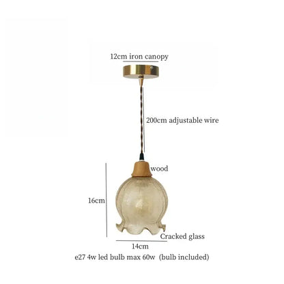 Vintage japanese pendant light with a textured amber cracked glass shade and wooden collar for dining room decorbites beige cloth led