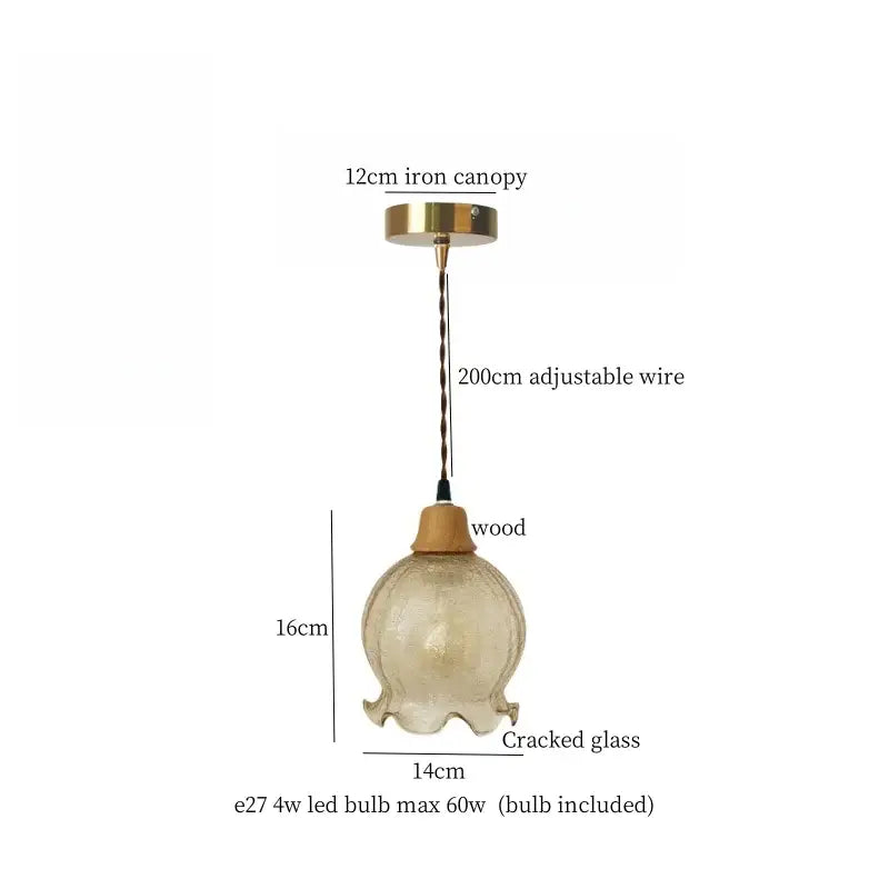 Vintage japanese pendant light with a textured amber cracked glass shade and wooden collar for dining room decorbites beige cloth led