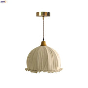 Cream-colored vintage japanese pendant light with beige cloth led shade gold metal mount and wooden accent for dining room decorbites beige cloth