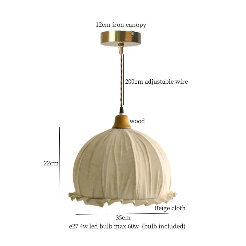 Beige cloth led pendant light with wooden top and 12cm iron canopy for dining room decorbites beige cloth fixture
