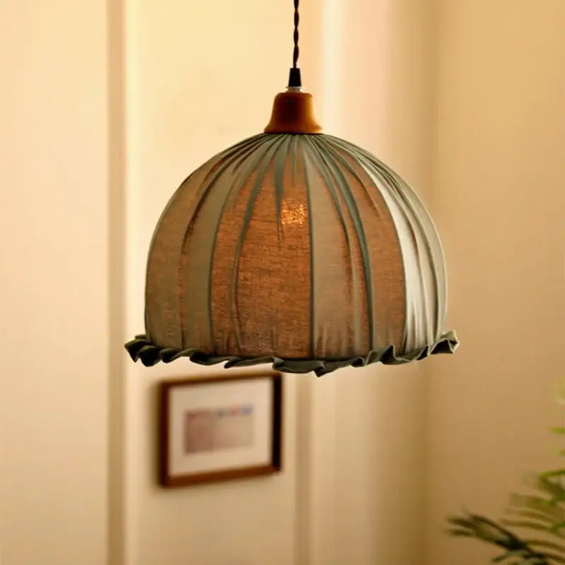 Vintage Japanese beige cloth led pendant light with soft dome shape ruffled edge for dining room decorbites beige cloth