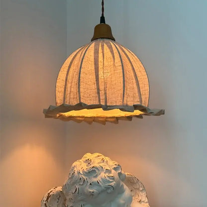 Vintage Japanese beige cloth led pendant light with warm-toned ribbed paper lantern and brass fixture for dining room decorbites beige cloth