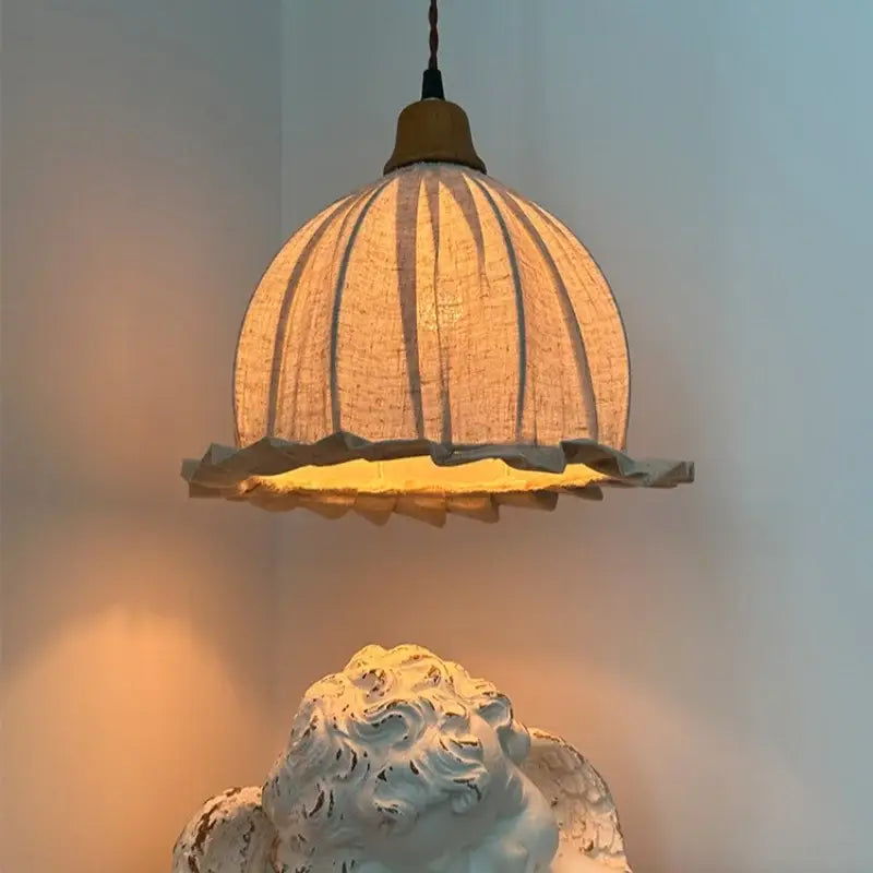 Vintage Japanese beige cloth led pendant light with warm-toned ribbed paper lantern and brass fixture for dining room decorbites beige cloth