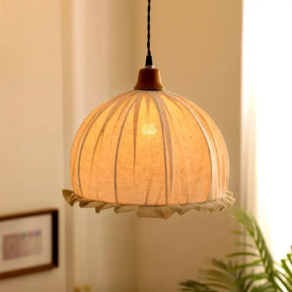 Warm-toned dome-shaped pendant light with woven beige cloth led shade and wooden top for dining room decorbites beige cloth