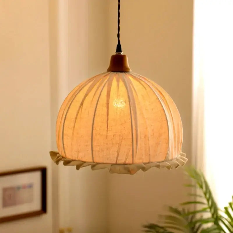 Warm-toned dome-shaped pendant light with woven beige cloth led shade and wooden top for dining room decorbites beige cloth