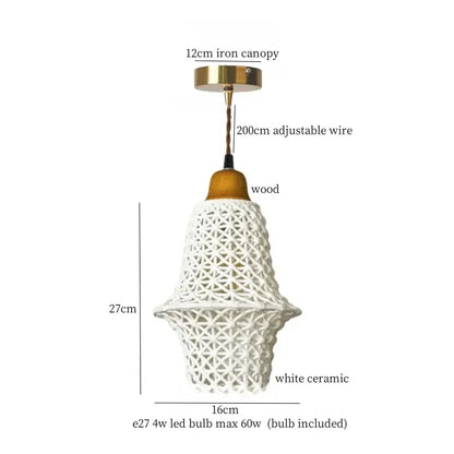 Vintage Japanese beige cloth LED pendant light with white ceramic lattice design and wooden brass accents for dining room decorbites beige cloth