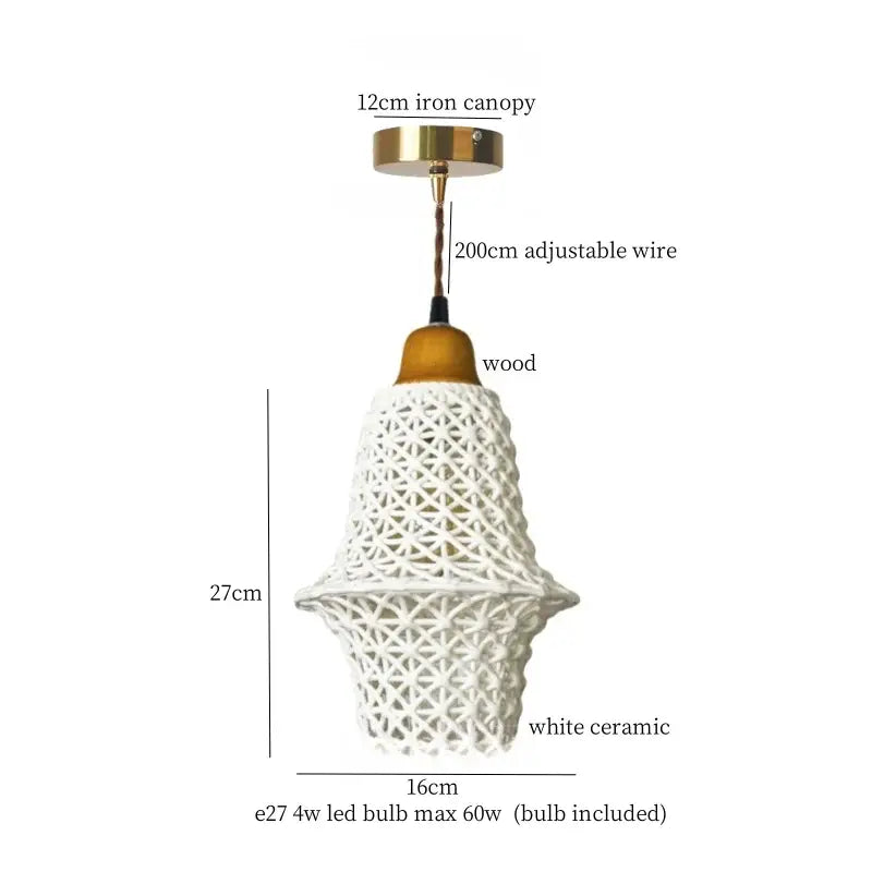 Vintage Japanese beige cloth LED pendant light with white ceramic lattice design and wooden brass accents for dining room decorbites beige cloth