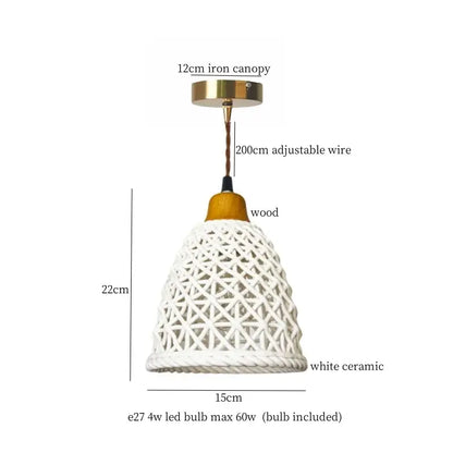 Vintage Japanese pendant light with beige cloth LED, white ceramic lattice design, wooden top, and brass iron canopy for dining room decorbites beige cloth