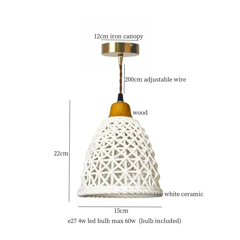 Vintage Japanese pendant light with beige cloth LED, white ceramic lattice design, wooden top, and brass iron canopy for dining room decorbites beige cloth