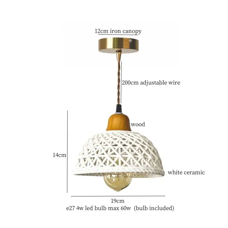 Vintage japanese beige cloth led pendant light with white ceramic lattice design wooden accent and brass iron canopy