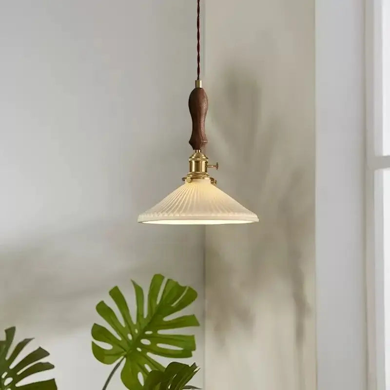 Vintage Japanese ceramic led pendant lamp with off-white ribbed glass shade dark wood handle and brass hardware