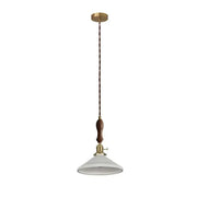 Vintage japanese ceramic led pendant lamp with brass ceiling mount, twisted brown cord, wooden handle, and white ribbed glass shade for decorbites ceramic led pendant use