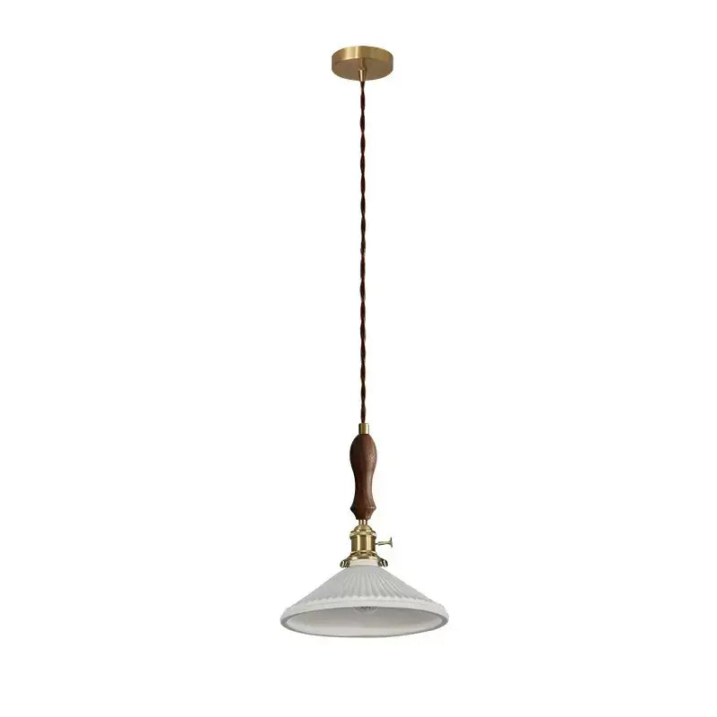 Vintage japanese ceramic led pendant lamp with brass ceiling mount, twisted brown cord, wooden handle, and white ribbed glass shade for decorbites ceramic led pendant use