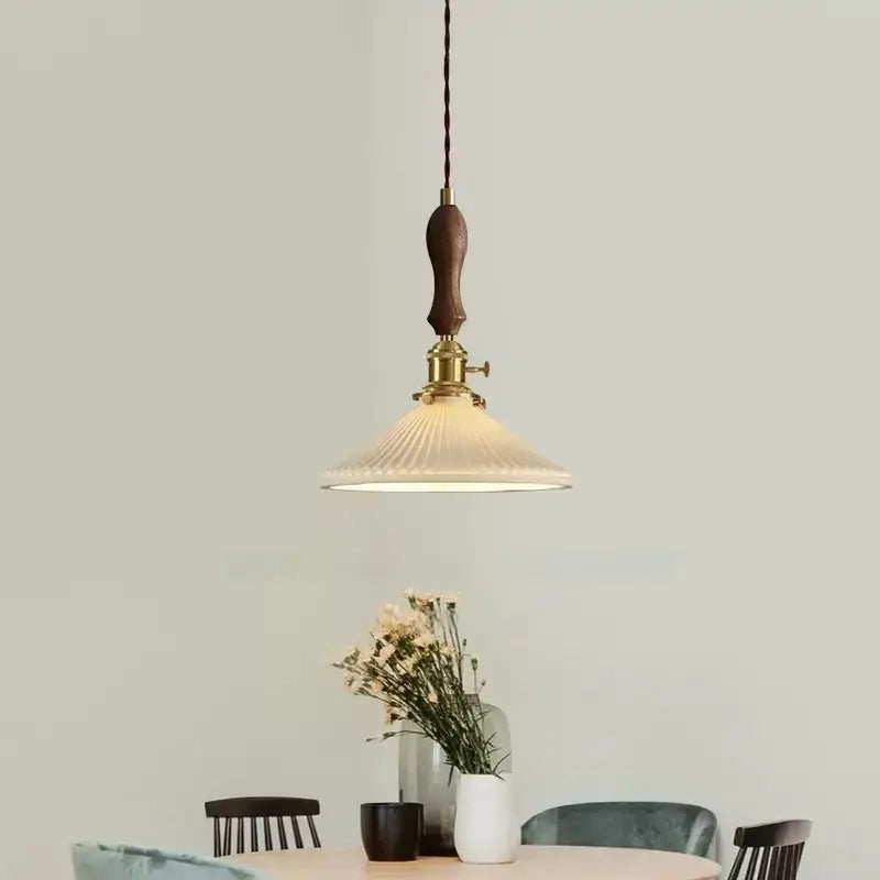 Vintage Japanese ceramic led pendant lamp with off-white ribbed glass shade dark wood handle brass hardware decorbites ceramic led