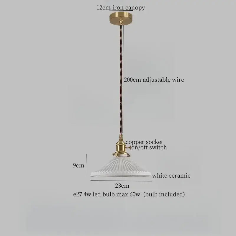 Vintage japanese ceramic led pendant lamp with brass iron canopy copper wire suspension and white fluted ceramic shade