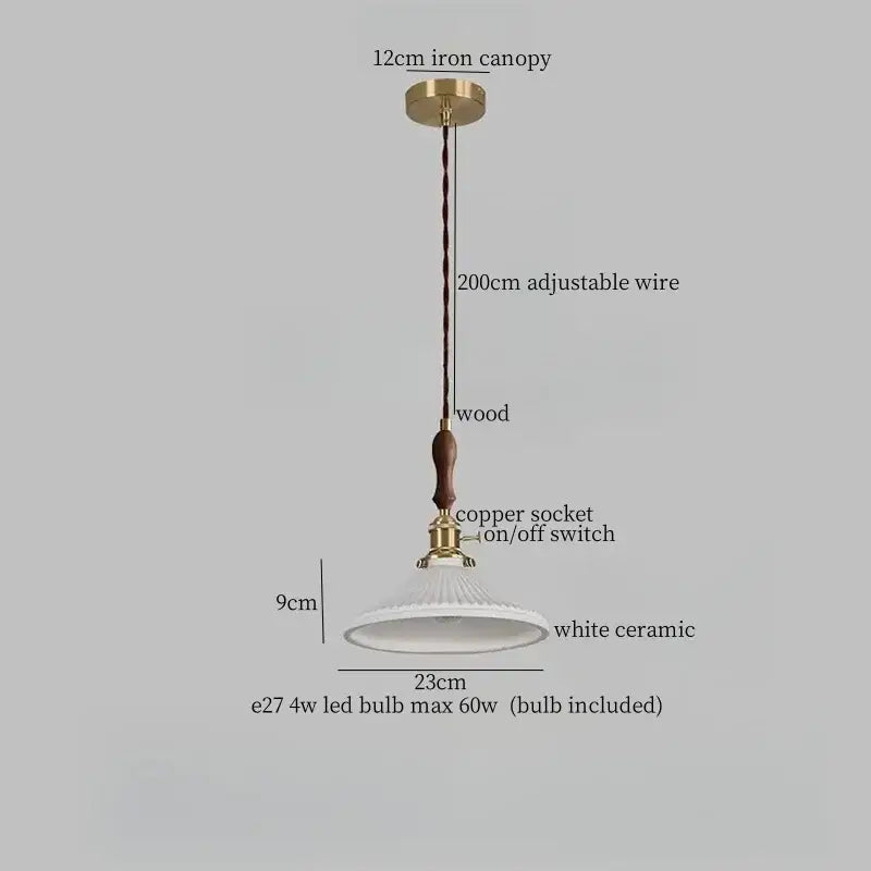 White ceramic led pendant lamp with fluted bell-shaped shade and wood handle for vintage japanese decorbites ceramic led design