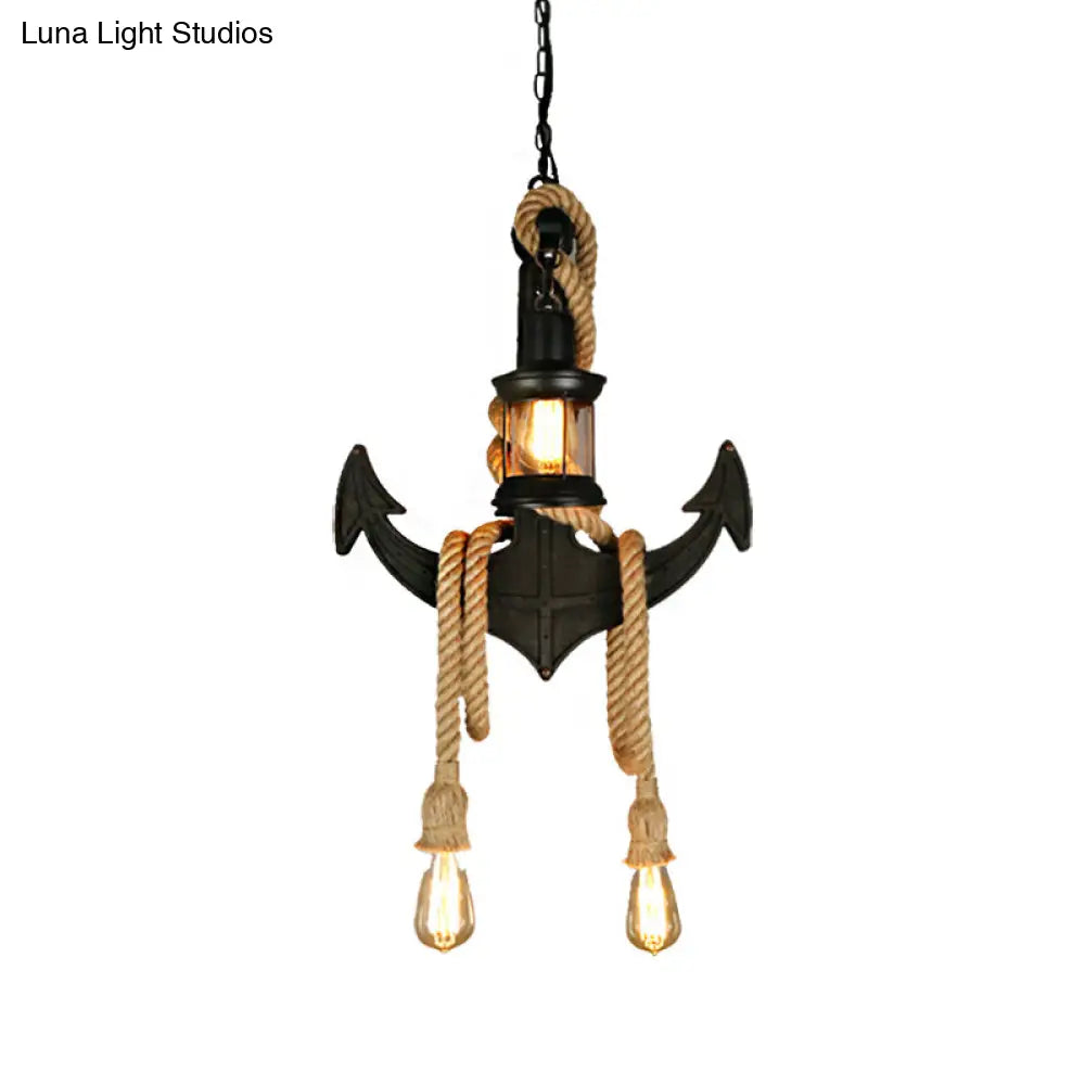 Vintage Kerosene Clear Glass Pendant Light: 4-Light Chandelier in Black with Adjustable Rope