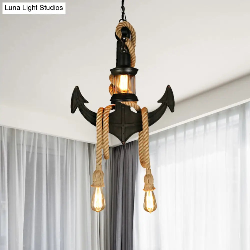 Vintage Kerosene Clear Glass Pendant Light: 4-Light Chandelier in Black with Adjustable Rope