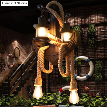 Vintage Kerosene Clear Glass Pendant Light: 4-Light Chandelier in Black with Adjustable Rope