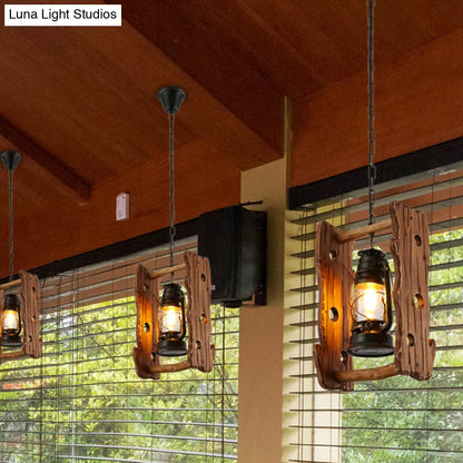 Vintage Kerosene Pendant Lamp with Clear Glass, Black Hanging Ceiling Light, and Wood Frame - 1 Head