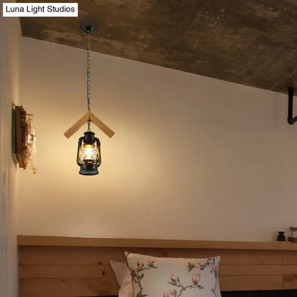 Vintage Kerosene Pendant Lamp with Clear Glass, Black Hanging Ceiling Light, and Wood Frame - 1 Head