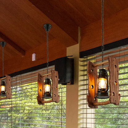 Vintage Kerosene Pendant Lamp with Clear Glass, Black Hanging Ceiling Light, and Wood Frame - 1 Head