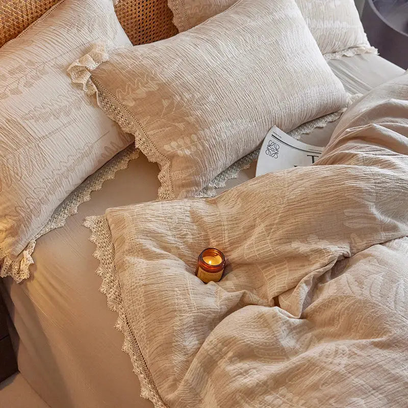 Beige textured cotton bedding set with vintage lace trim and fern embroidery made from health wrinkled yarn