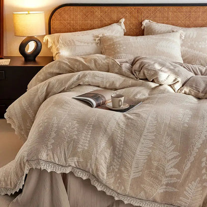 Beige linen bedding set with vintage lace fern embroidery and lace trim made from health wrinkled yarn