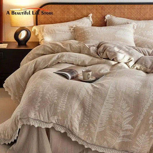 Beige linen bedding set with vintage lace fern embroidery and health wrinkled yarn for a cozy bedroom