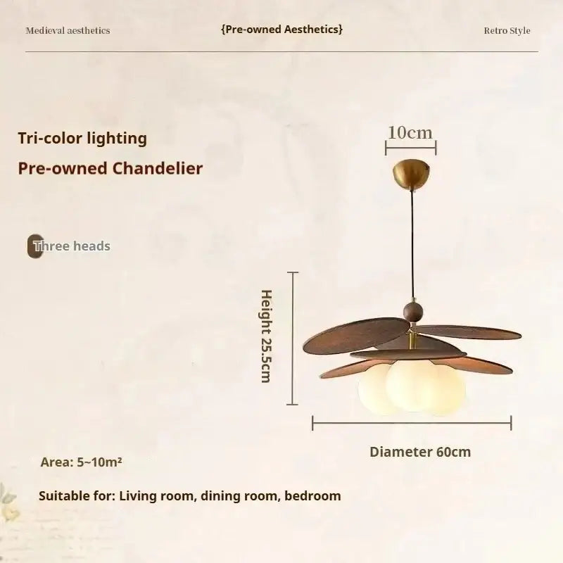 Vintage layered wood petal pendant light with three brass heads and dark brown wooden fan shades for dining room use