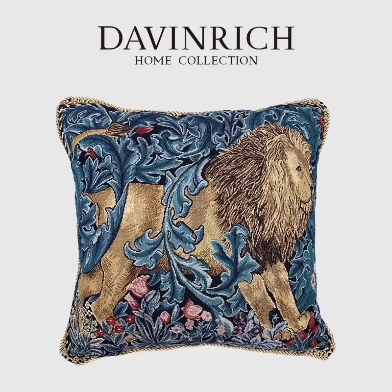 A richly embroidered vintage lion tapestry jacquard cushion cover with golden lion and blue floral decorbites design