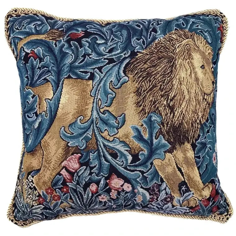 Square cushion cover featuring a golden lion tapestry jacquard with blue foliage and braided gold trim for decorbites lion tapestry decor