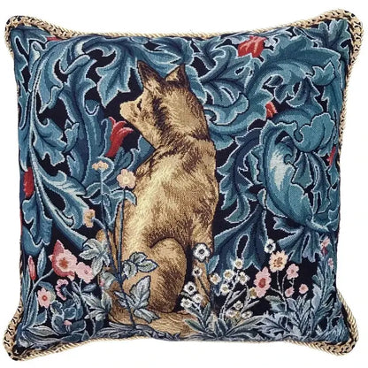 Square cushion cover featuring an intricately woven golden-brown fox on blue foliage for decorbites lion tapestry decor