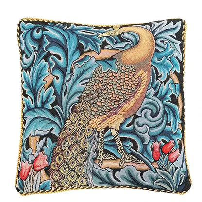 Vintage lion tapestry jacquard cushion cover featuring a detailed peacock with iridescent feathers and vibrant blue decorbites lion tapestry design