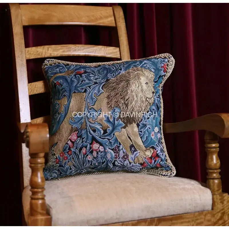 Square cushion cover with golden lion tapestry jacquard and blue floral decorbites lion tapestry for living room decor